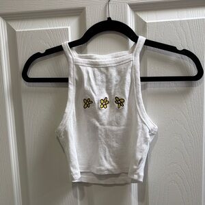 Afends Hemp Ribbed Crop Tank with Yellow Embroidered Daisies - xs